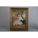 A 19TH CENTURY PETIT GROS NEEDLEWORK PANEL worked in coloured silks with a boy and girl sitting in a