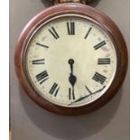 A mahogany framed wall clock having an enamelled dial with black Roman numerals, one hand detached