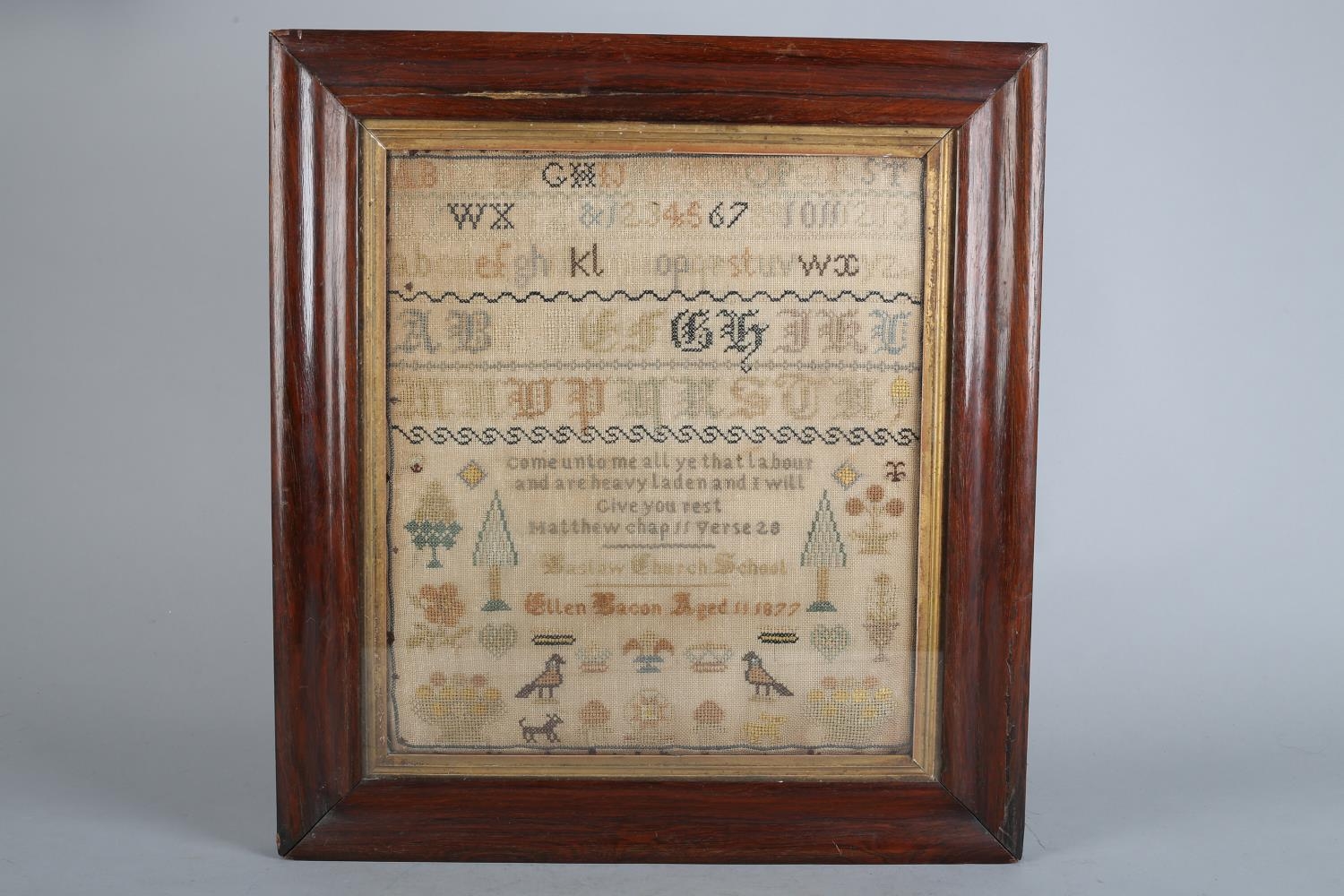 A 19TH CENTURY SAMPLER worked by 'Ellen Bacon Aged 11 1877 Bastow Church School , in coloured