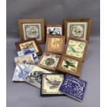 Various tiles framed and unframed including Mintons China Works, bull in landscape and cow and calf,