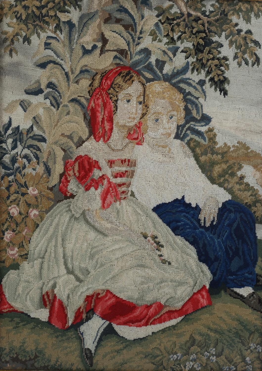 A 19TH CENTURY PETIT GROS NEEDLEWORK PANEL worked in coloured silks with a boy and girl sitting in a - Image 2 of 4