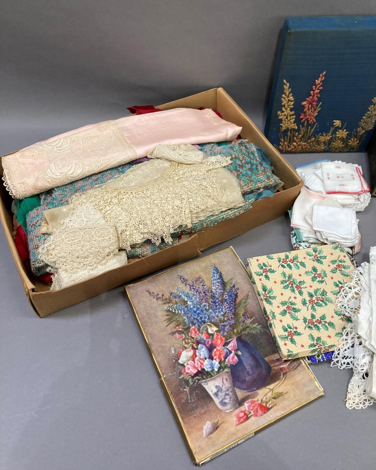 Boxed and loose handkerchiefs, table linens, darning mushrooms, needles, boxes etc - Image 2 of 3