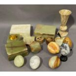 A quantity of onyx and agate decorative ware including boxes, pen stand, eggs, vase etc