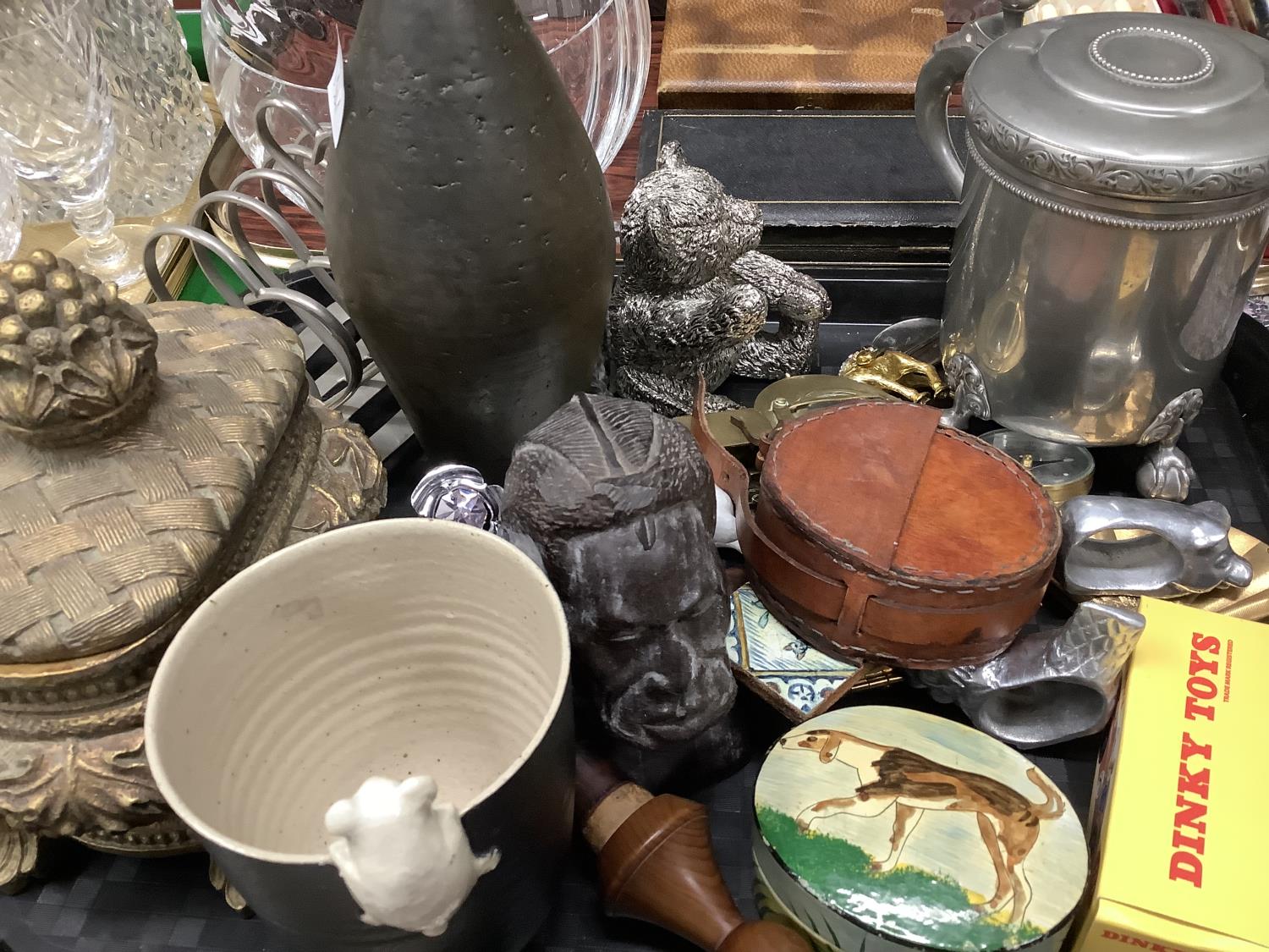 A pewter lidded tankard, a gilt resin casket and cover, Dinky racing car, two reproduction