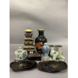 A selection of Chinese/Japanese items including a cloisonné vase, a model of a Temple, stoneware