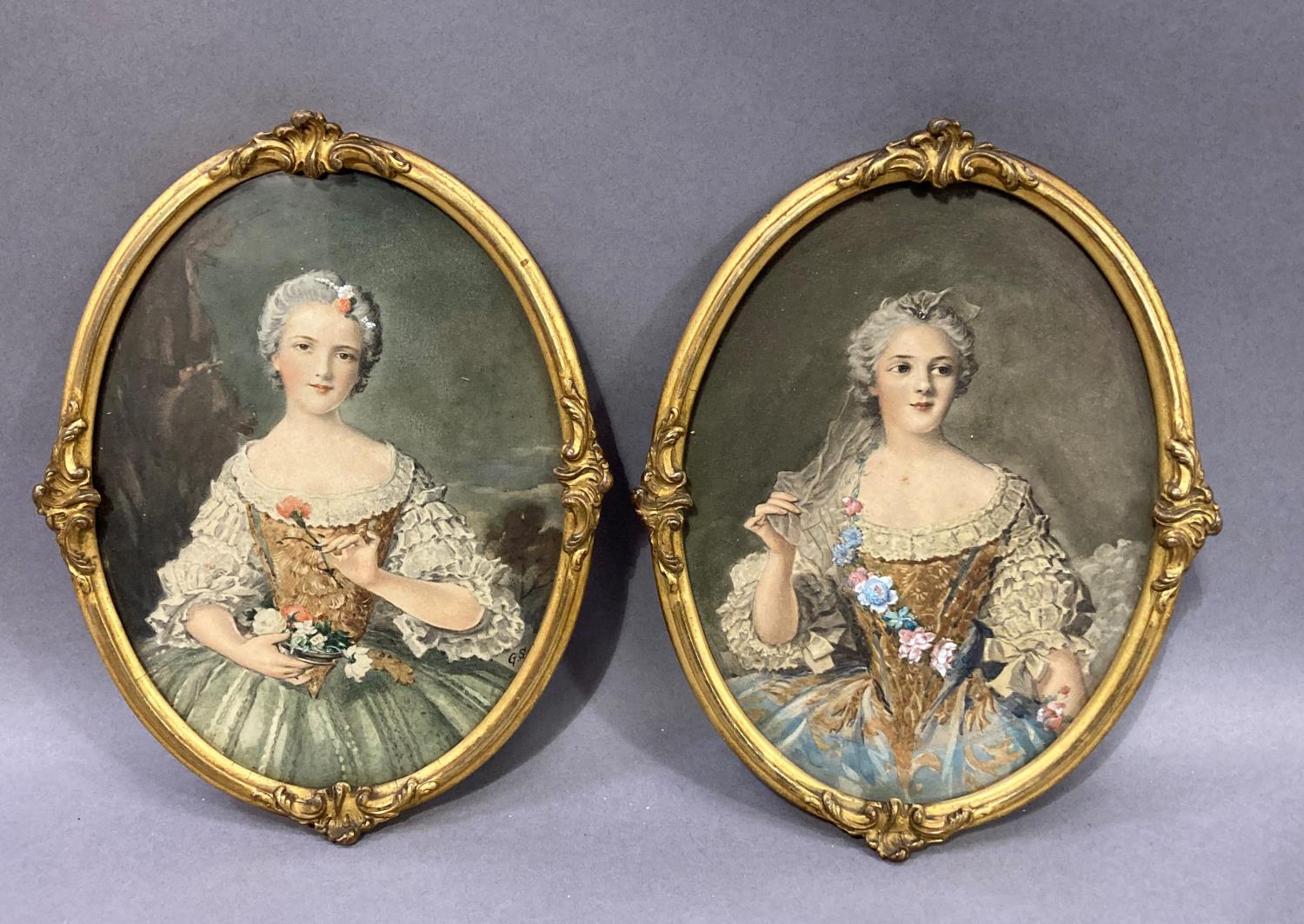 A pair of early 20th century half portraits of elegant ladies in 18th century dress, oval, one