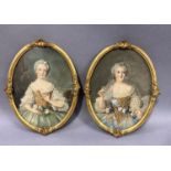A pair of early 20th century half portraits of elegant ladies in 18th century dress, oval, one