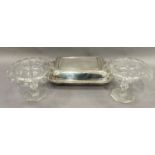 A pair of glass tazza with scalloped rims on circular feet (one damaged to rim) together with a