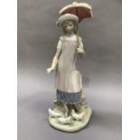 A Lladro figure of a young girl carrying a parasol with fan tail doves at her feet, 32cm high