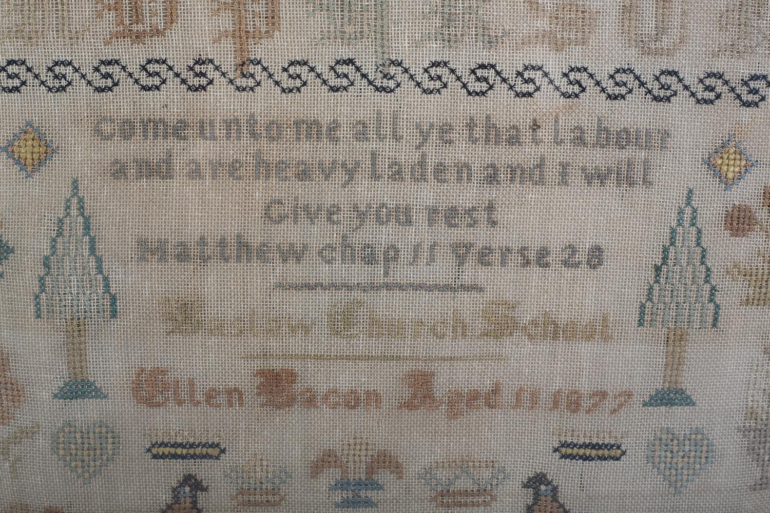 A 19TH CENTURY SAMPLER worked by 'Ellen Bacon Aged 11 1877 Bastow Church School , in coloured - Image 3 of 5