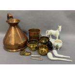 A half gallon copper measure, a copper and brass bound vase, a pair of brass vases, brass shoe, a