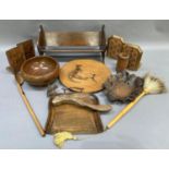 Treen including a book trough, fruit bowl, Australian plaque, crumb scoop and brush, fly whisk, long