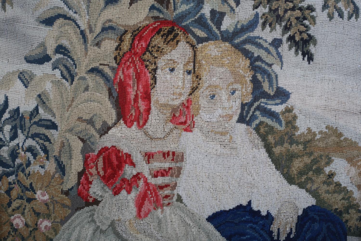 A 19TH CENTURY PETIT GROS NEEDLEWORK PANEL worked in coloured silks with a boy and girl sitting in a - Image 3 of 4