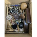 Sewing related items including lace bobbins, darning mushrooms, thimbles, needle cases, darning egg,