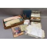 Boxed and loose handkerchiefs, table linens, darning mushrooms, needles, boxes etc