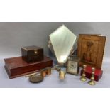 Two wooden boxes, a leather blotter, an art deco easel mirror, brass candlesticks, eagle and globe
