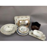 Floral decorated plates and bowl, small gilt mirror, dressing table tray, sandwich tray, floral