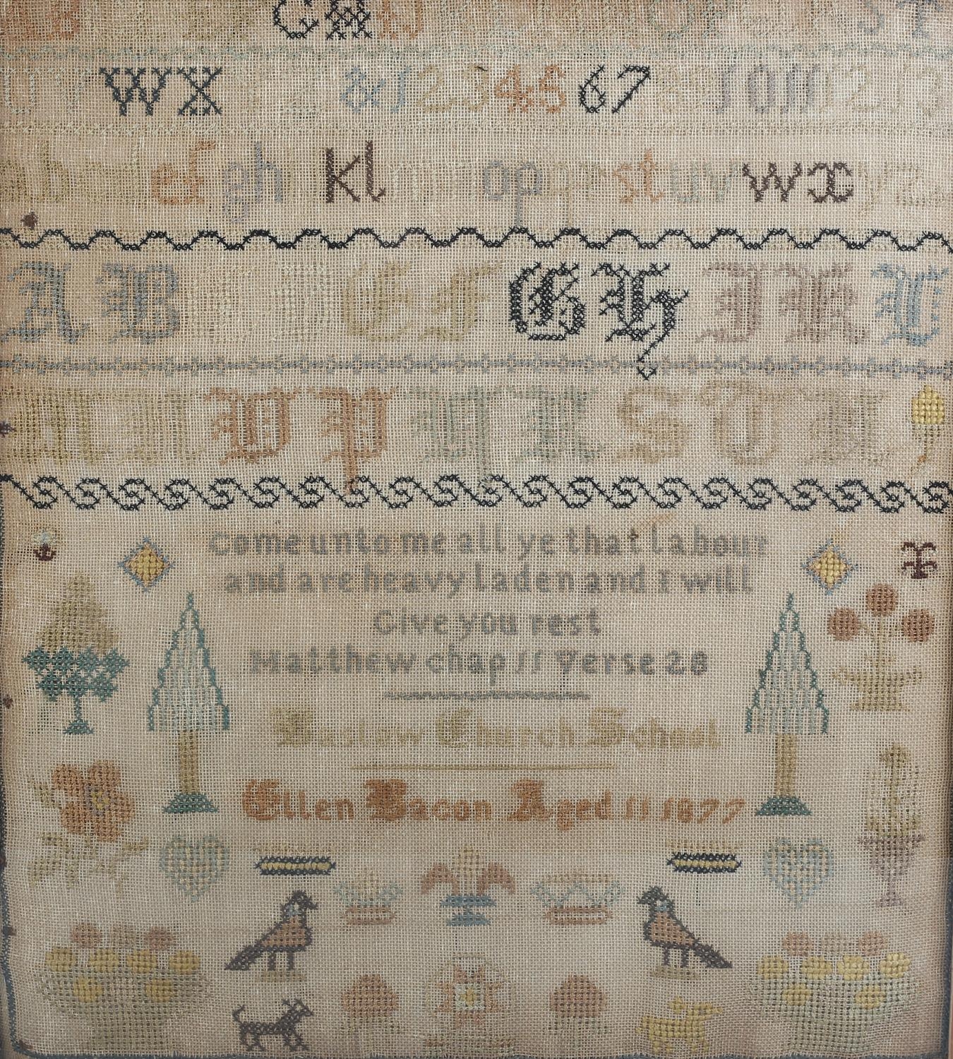 A 19TH CENTURY SAMPLER worked by 'Ellen Bacon Aged 11 1877 Bastow Church School , in coloured - Image 2 of 5