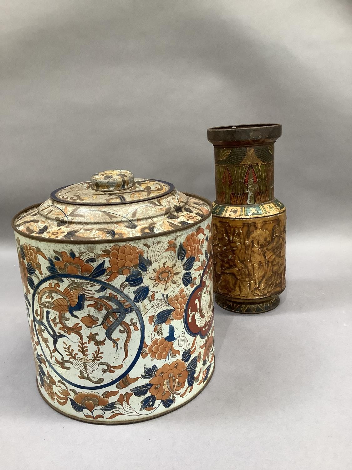 A 1924 Egyptian vase Huntley and Palmer tin and a 1940's large Parkinson Toffee tin, 22.5cm and 20.