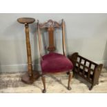An Edwardian walnut single chair with red upholstery and cabriole legs together with a magazine rack