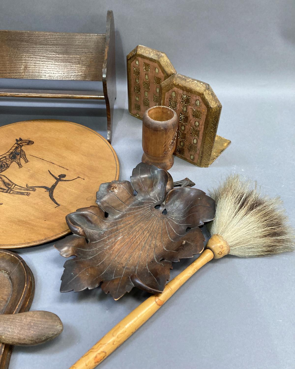 Treen including a book trough, fruit bowl, Australian plaque, crumb scoop and brush, fly whisk, long - Image 2 of 3