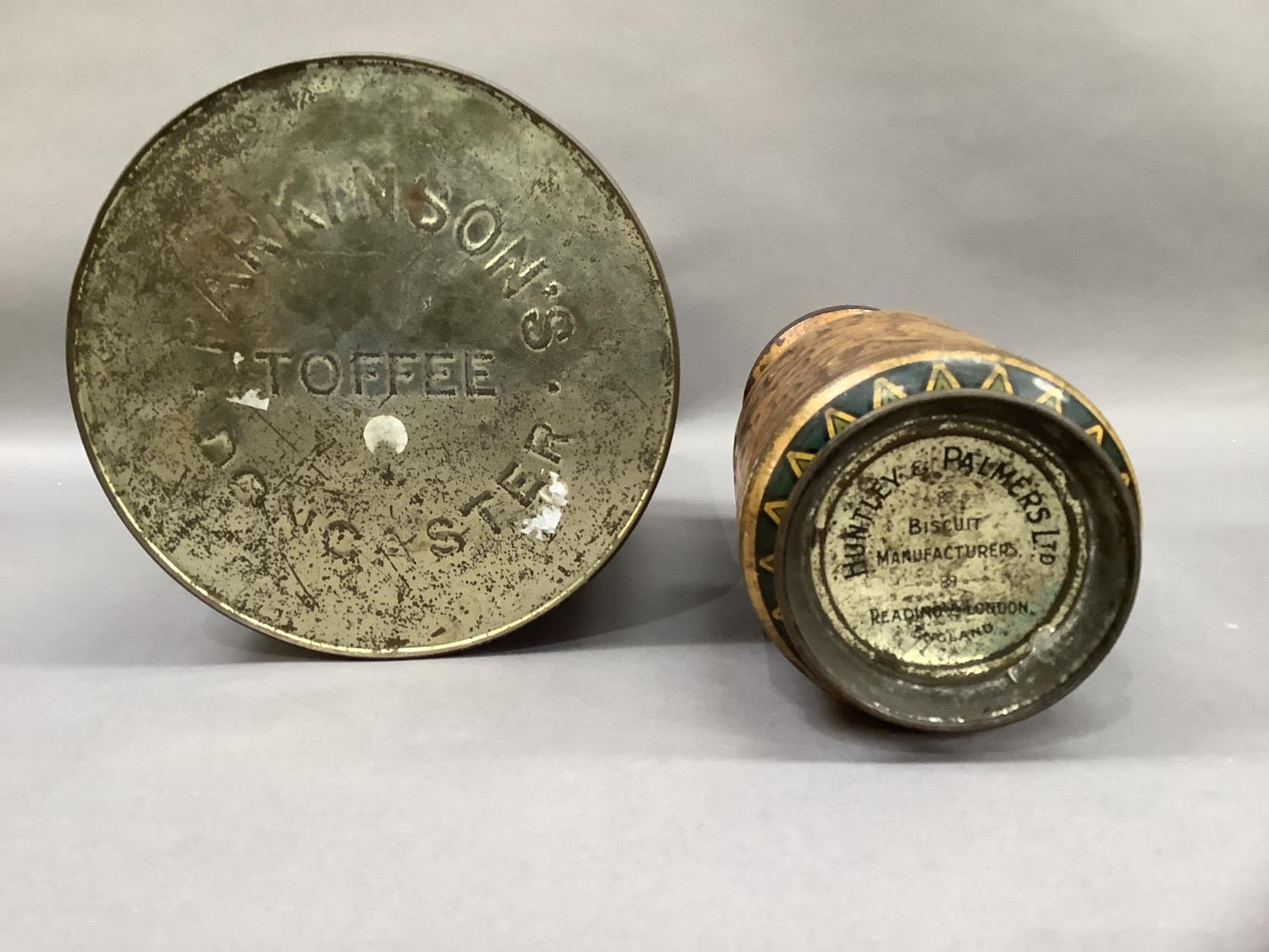 A 1924 Egyptian vase Huntley and Palmer tin and a 1940's large Parkinson Toffee tin, 22.5cm and 20. - Image 2 of 2