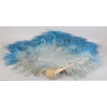 Fan Dancing! An oversized shaded blue ostrich feather fan with stout monture in wood painted