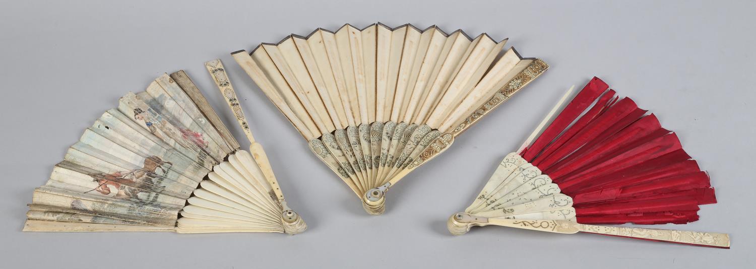 Three early 18th century ivory fans with bulbous heads and particularly unusual montures, the