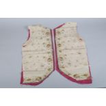 18th century gentleman's long waistcoat forepart panels, embroidered in coloured silks, unpicked