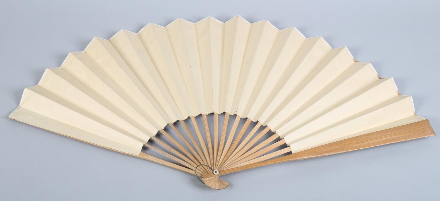 C 1890's, two large and attractive folding fans, the first with pierced bone monture, the cream silk - Image 4 of 10