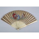 An 18th century ivory fan, the head fairly bulbous and fitted with a mother of pearl thumb guard,