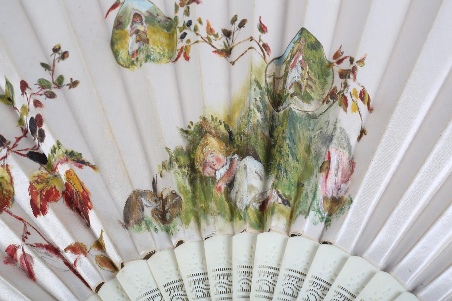 C 1890's, two large and attractive folding fans, the first with pierced bone monture, the cream silk - Image 6 of 10