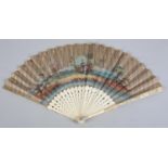 An 18th century ivory fan with paper leaf, with a fairly unusual presentation of a young, almost