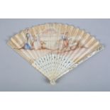An 18th century ivory fan, the monture carved, pierced and shaped, the upper guards also piqué,