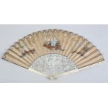 An interesting 18th century white mother of pearl fan, the gorge carved with figures and animals,