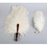 A large early 20th century white ostrich feather fan, the monture of faux (?) tortoiseshell, the