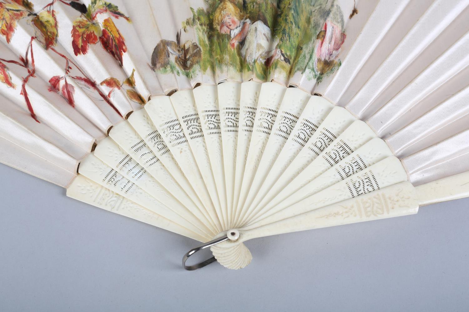 C 1890's, two large and attractive folding fans, the first with pierced bone monture, the cream silk - Image 7 of 10