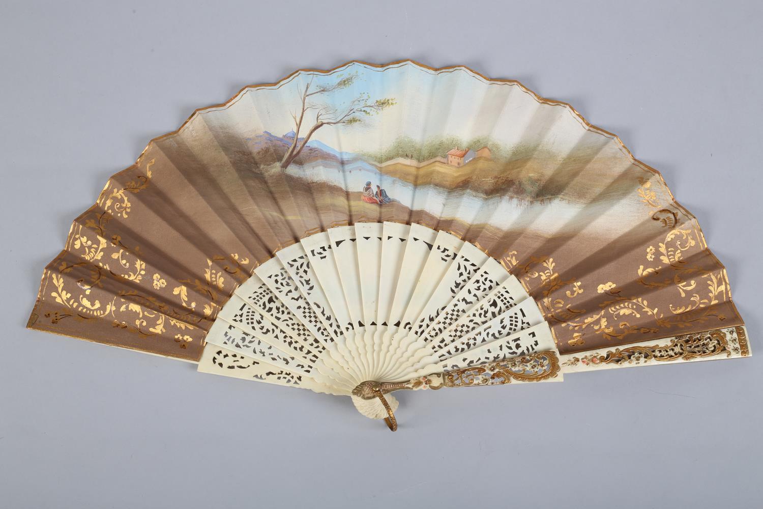 A 19th century bone fan, highly decorated, the monture carved and pierced and painted in strong - Image 4 of 6