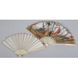 A Regency fan with carved ivory monture, large figures carved on the guards, the paper leaf