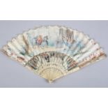 An 18th century ivory fan, the leaf, mounted à l'anglaise, depicting the homecoming of Jephthah, a