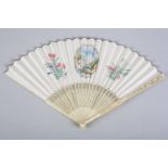 An 18th century ivory fan, with a carved Chinese Export monture, the gorge well pierced and