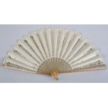 C 1900, a visually spectacular horn fan with cream gauze leaf, mounted à l'anglaise, applied with