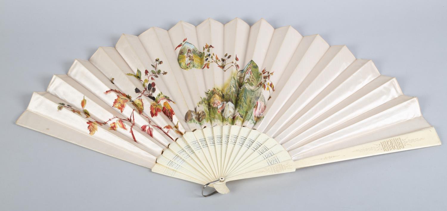 C 1890's, two large and attractive folding fans, the first with pierced bone monture, the cream silk - Image 5 of 10