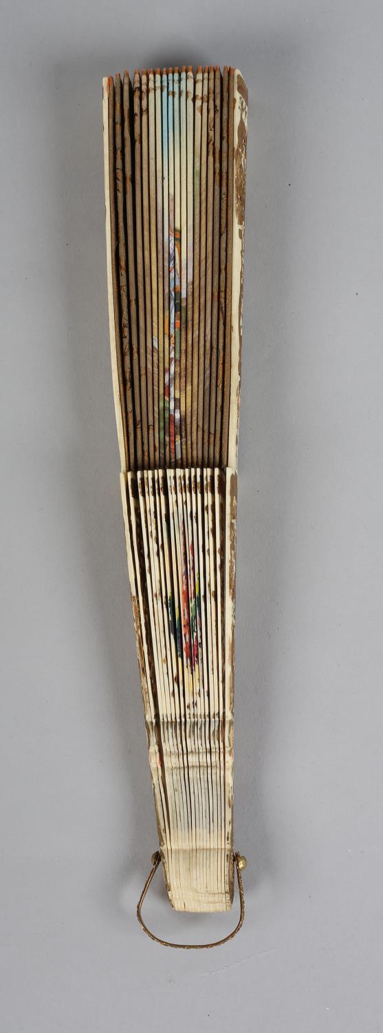 A 19th century bone fan, highly decorated, the monture carved and pierced and painted in strong - Image 5 of 6