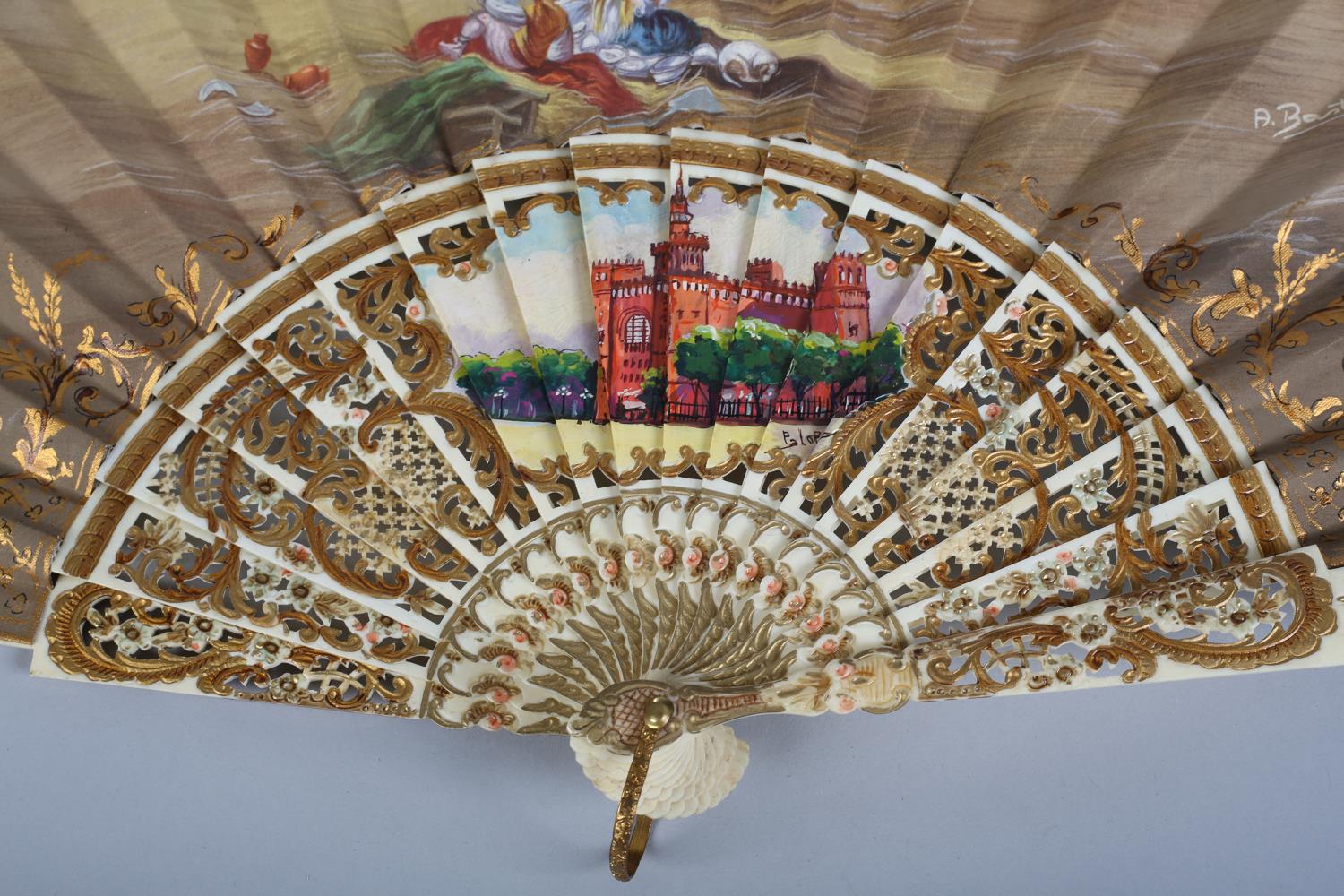 A 19th century bone fan, highly decorated, the monture carved and pierced and painted in strong - Image 2 of 6