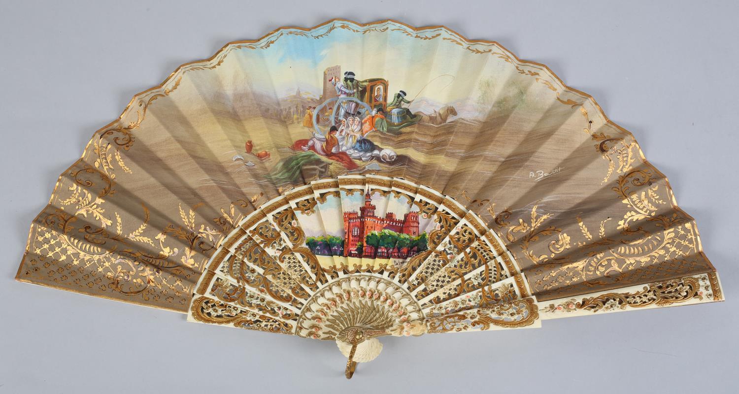 A 19th century bone fan, highly decorated, the monture carved and pierced and painted in strong