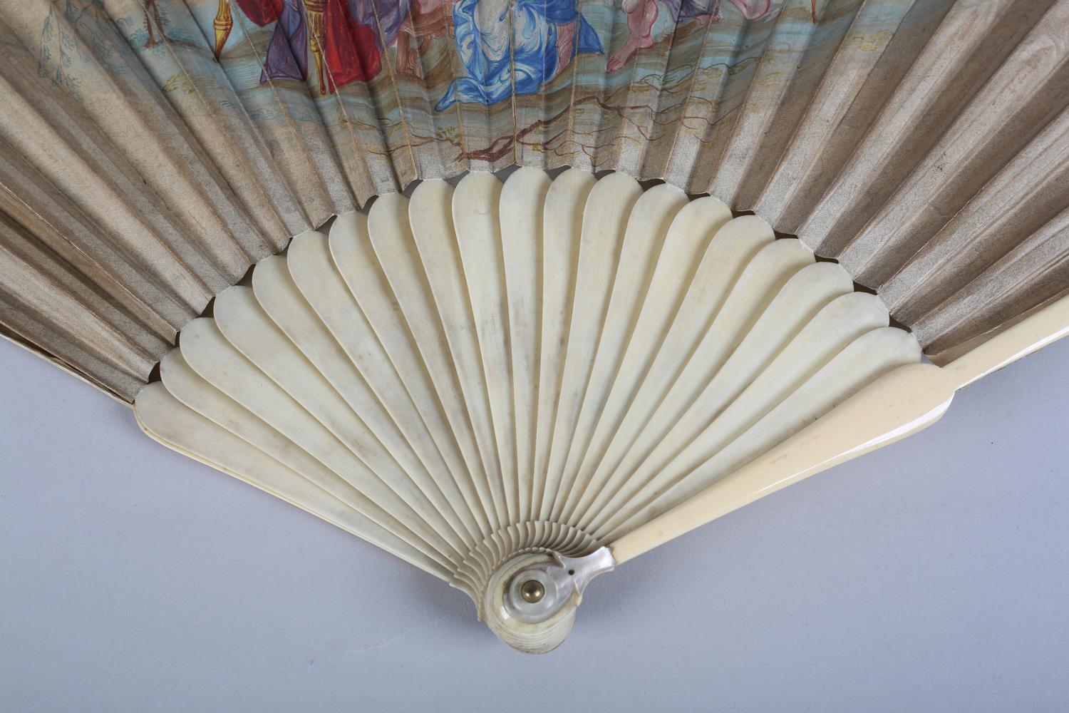 An 18th century ivory fan, the head fairly bulbous and fitted with a mother of pearl thumb guard, - Image 3 of 5