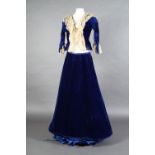 An Edwardian Royal blue velvet ensemble comprising trained shirt and fitted, boned, bodice, the