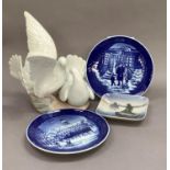 A Lladro group of two fantail doves, two Royal Copenhagen Christmas plates and a trinket dish