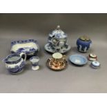A Davenport cup and saucer in the Japan palette, Spode Italian blue and white jug, egg cup, blue